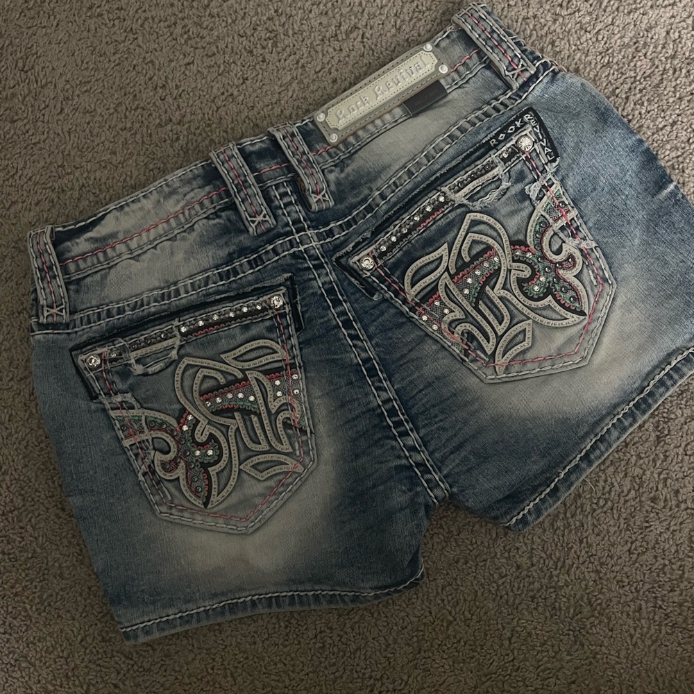 Rock Revival Blue Jean Shorts with Embellished Pockets